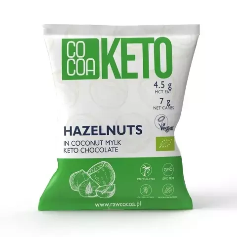 ORZECHY LASKOWE W CZEKOLADZIE KETO Z OLEJEM MCT BEZ DODATKU CUKRU BEZGLUTENOWE BIO - COCOA - 70 g