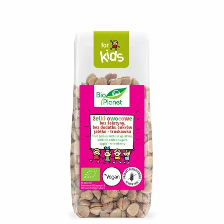 żelki bez żelatyny bez dodatku cukru bezglutenowe jabłko - truskawska bio 100 g - bio planet.webp